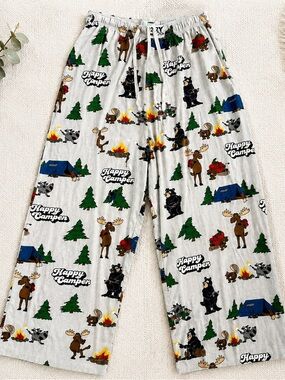 Lazy One Happy Camper Pajama Pants Medium Camping Bear Moose Lounge Sleep Pants